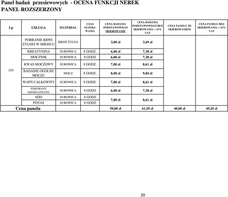 6,00 zł 7,38 zł MOCZNIK SUROWICA 8 GODZ 6,00 zł 7,38 zł 193 KWAS MOCZOWY SUROWICA 8 GODZ. 7,00 zł 8,61 zł BADANIE OGOLNE MOCZU MOCZ 8 GODZ.