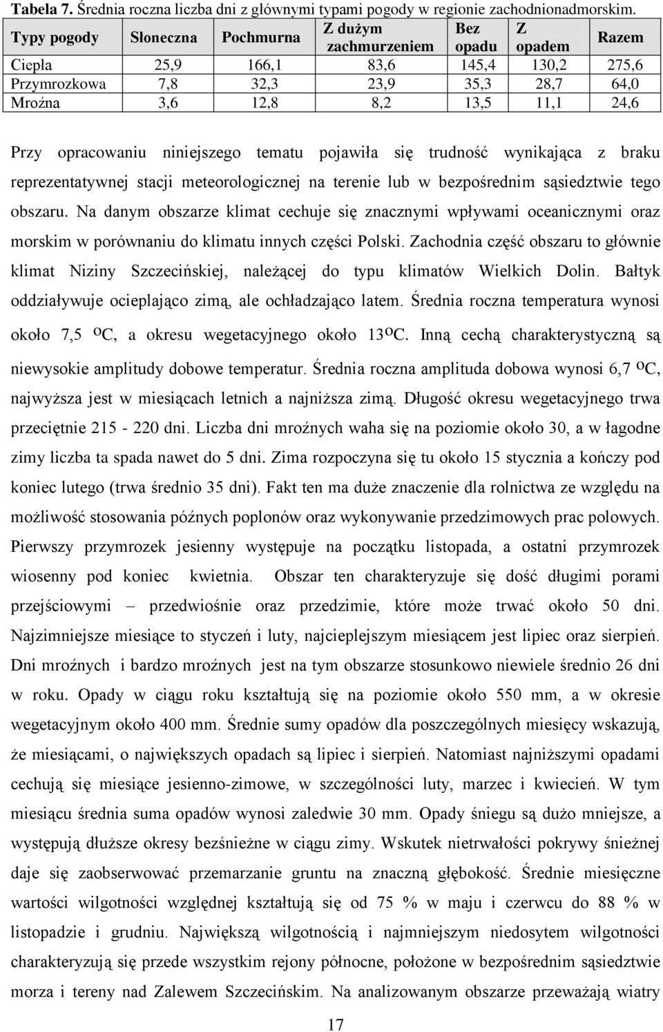 Przy opracowaniu niniejszego tematu pojawiła się trudność wynikająca z braku reprezentatywnej stacji meteorologicznej na terenie lub w bezpośrednim sąsiedztwie tego obszaru.