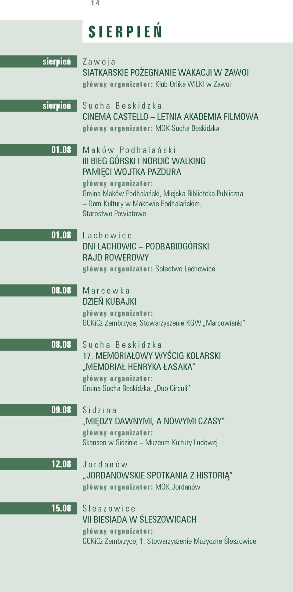 08 Lachowice DNI LACHOWIC PODBABIOGÓRSKI RAJD ROWEROWY Sołectwo Lachowice 08.08 Marcówka DZIEŃ KUBAJKI GCKiCz Zembrzyce, Stowarzyszenie KGW Marcowianki 08.08 Sucha Beskidzka 17.