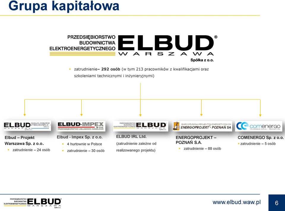 z o.o. 4 hurtownie w Polsce zatrudnienie 30 osób ELBUD IRL Ltd.