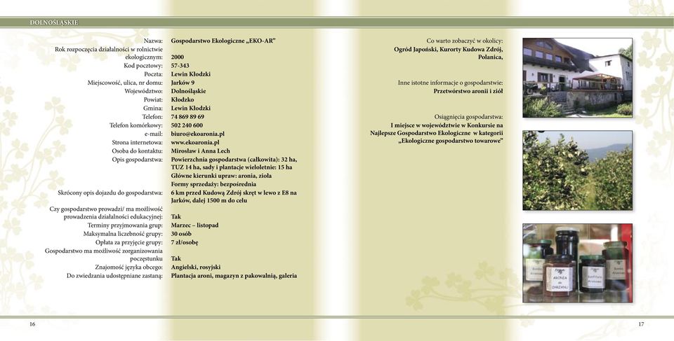 pl Mirosław i Anna Lech Powierzchnia gospodarstwa (całkowita): 32 ha, TUZ 14 ha, sady i plantacje wieloletnie: 15 ha Główne kierunki upraw: aronia, zioła 6 km przed Kudową Zdrój skręt w lewo z