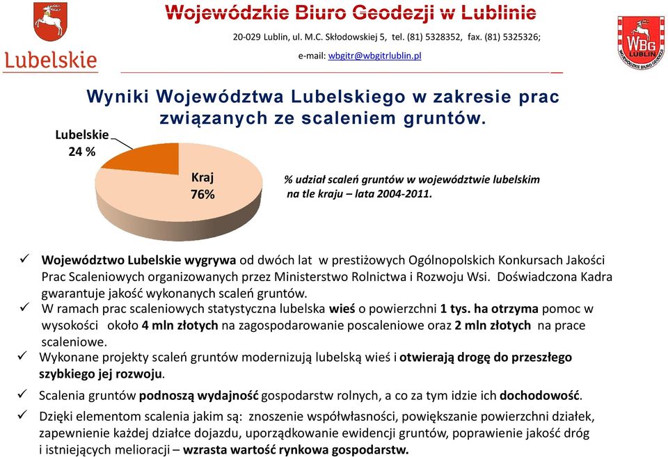 Województwo Lubelskie wygrywa od dwóch lat w prestiżowych Ogólnopolskich Konkursach Jakości Prac Scaleniowych organizowanych przez Ministerstwo Rolnictwa i Rozwoju Wsi.