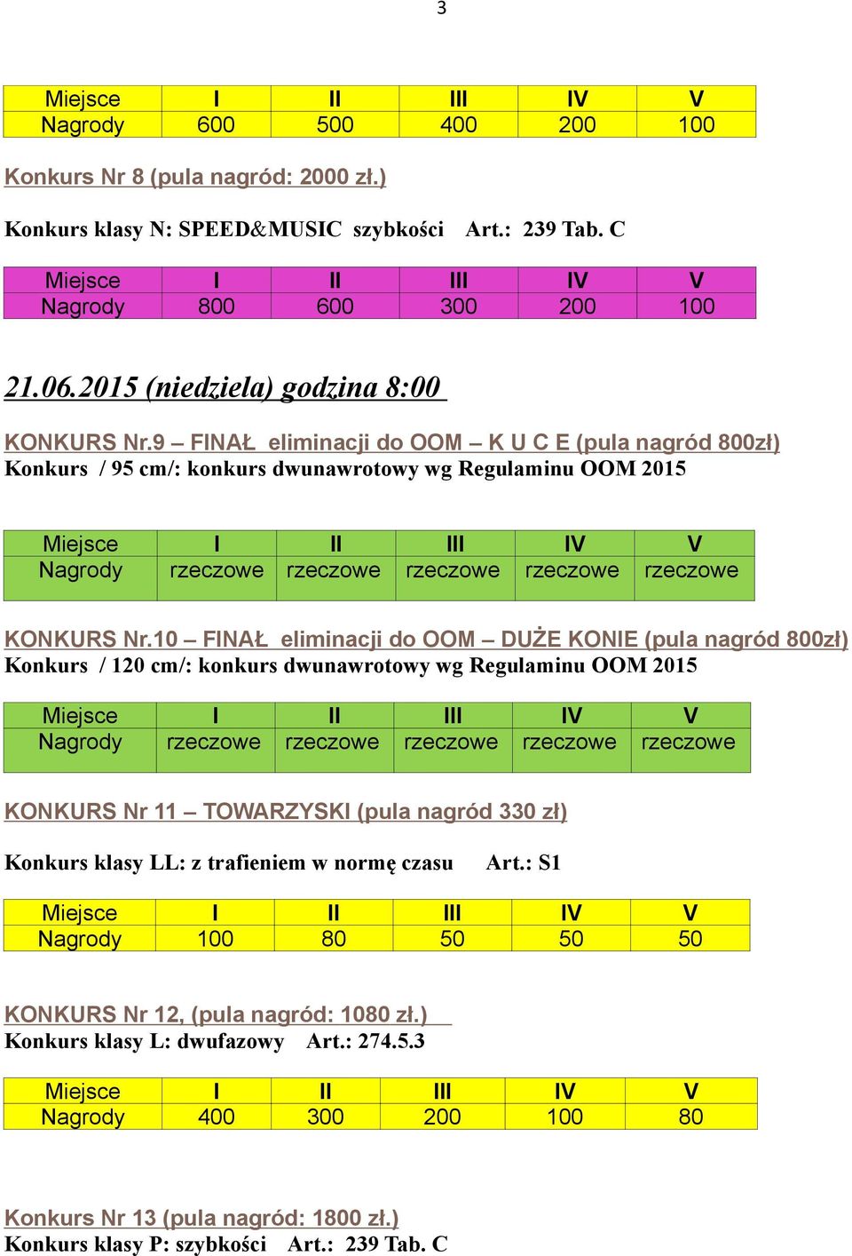 10 FINAŁ eliminacji do OOM DUŻE KONIE (pula nagród 800zł) Konkurs / 120 cm/: konkurs dwunawrotowy wg Regulaminu OOM 2015 Nagrody rzeczowe rzeczowe rzeczowe rzeczowe rzeczowe KONKURS Nr 11 TOWARZYSKI