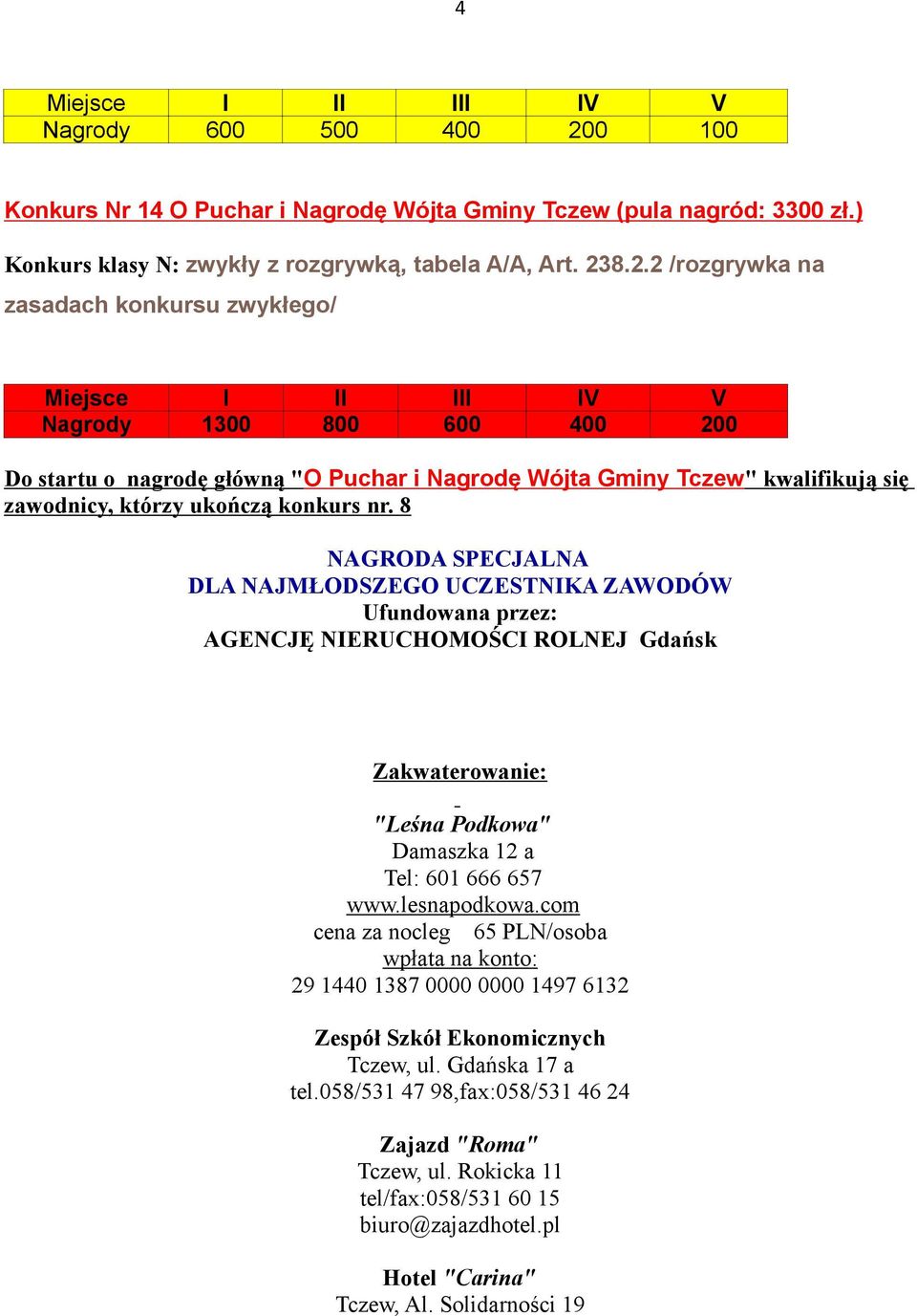 8.2.2 /rozgrywka na zasadach konkursu zwykłego/ Nagrody 1300 800 600 400 200 Do startu o nagrodę główną " O Puchar i Nagrodę Wójta Gminy Tczew" kwalifikują się zawodnicy, którzy ukończą konkurs nr.