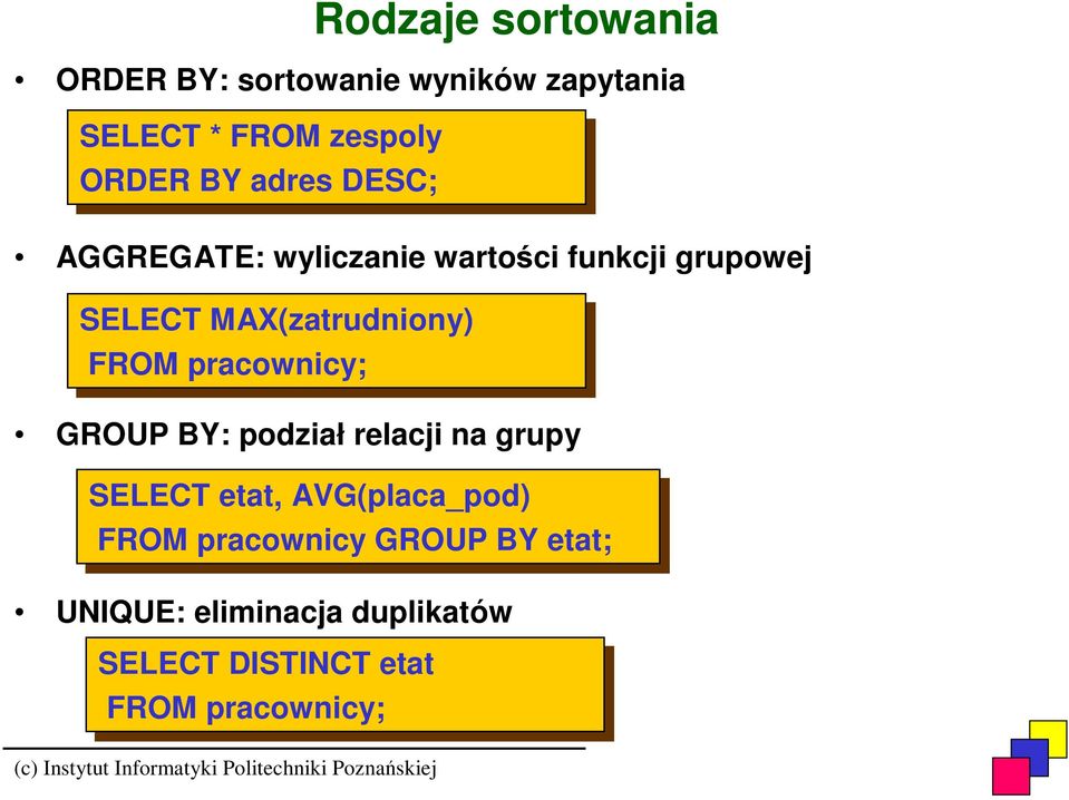 pracownicy; GROUP BY: podział relacji na grupy SELECT etat, etat, AVG(placa_pod) FROM