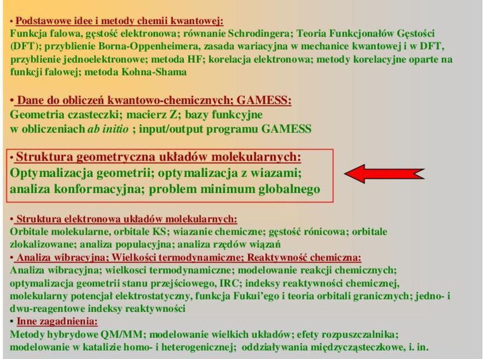 GAMESS: Geometria czasteczki; macierz Z; bazy funkcyjne w obliczeniach ab initio ; input/output programu GAMESS Struktura geometryczna układów molekularnych: Optymalizacja geometrii; optymalizacja z