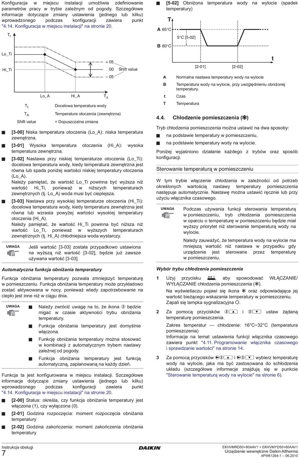 T t [5-02] Obniżona temperatura wody na wylocie (spadek temperatury) T A 65 C 5 C [5-02] B 60 C Lo_Ti Hi_Ti + 05 00 Shift value [2-01] [2-02] t 05 A Normalna nastawa temperatury wody na wylocie B