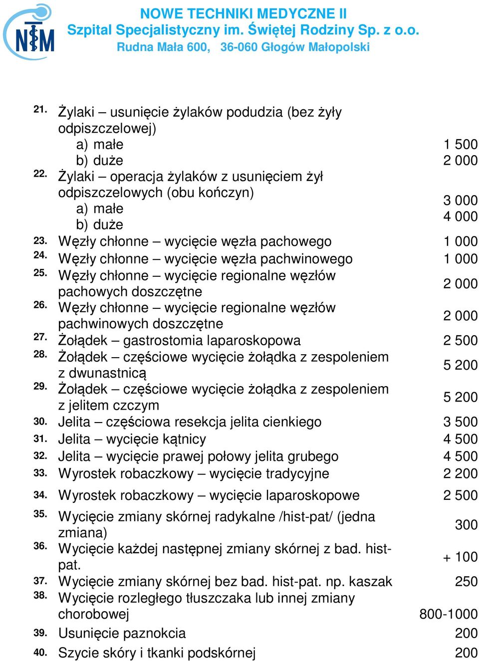 Węzły chłonne wycięcie regionalne węzłów pachwinowych doszczętne 2 000 27. Żołądek gastrostomia laparoskopowa 2 500 28. Żołądek częściowe wycięcie żołądka z zespoleniem z dwunastnicą 5 200 29.