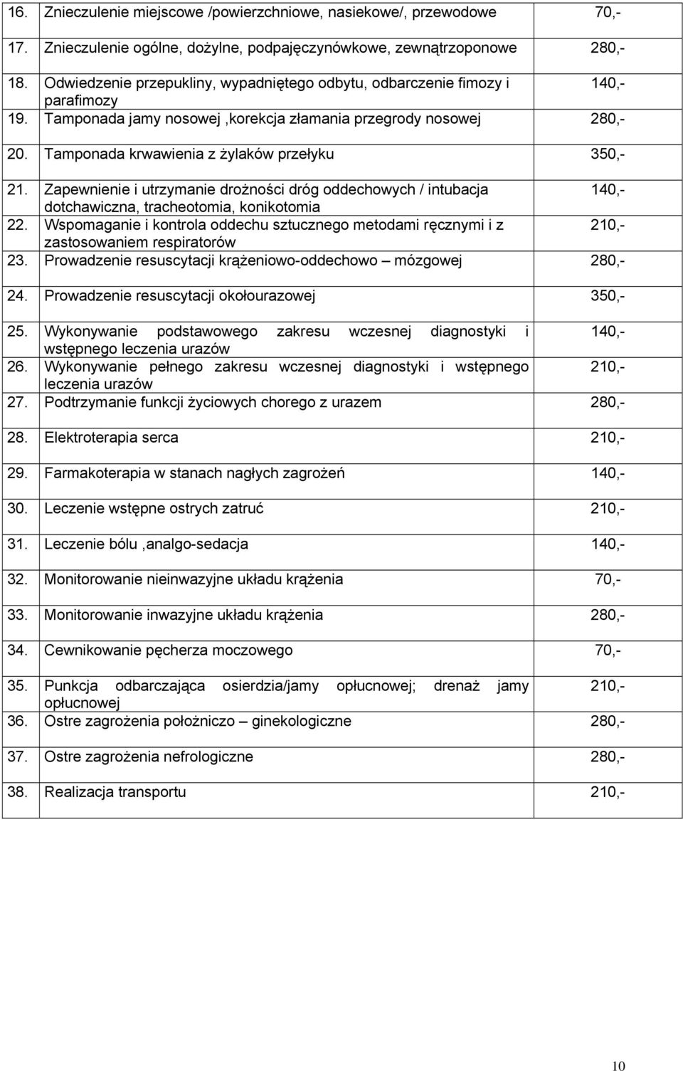 Tamponada krwawienia z żylaków przełyku 350,- 21. Zapewnienie i utrzymanie drożności dróg oddechowych / intubacja 140,- dotchawiczna, tracheotomia, konikotomia 22.