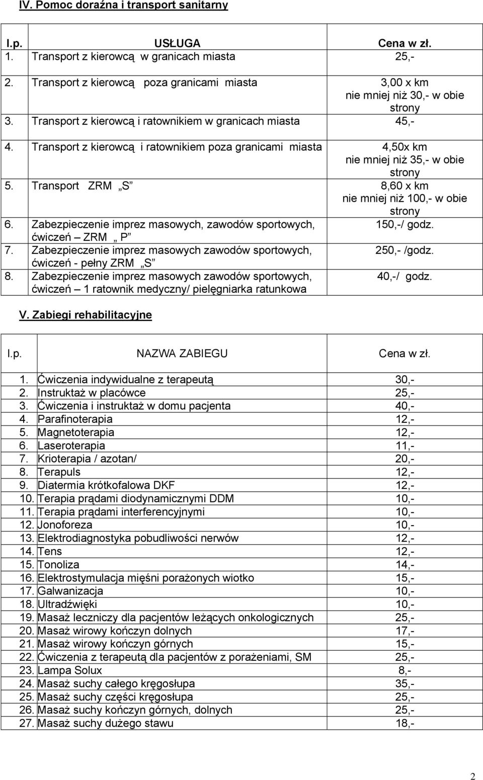 Transport z kierowcą i ratownikiem poza granicami miasta 4,50x km nie mniej niż 35,- w obie strony 5. Transport ZRM S 8,60 x km nie mniej niż 100,- w obie strony 6.