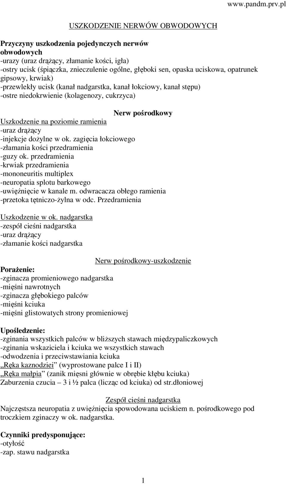 -injekcje dożylne w ok. zagięcia łokciowego -złamania kości przedramienia -guzy ok. przedramienia -krwiak przedramienia -neuropatia splotu barkowego -uwięźnięcie w kanale m.