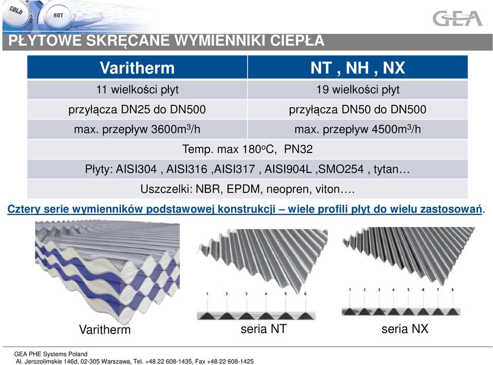 max 180 o C, PN32 Płyty: AISI304, AISI316,AISI317, AISI904L,SMO254, tytan Uszczelki: NBR, EPDM, neopren,