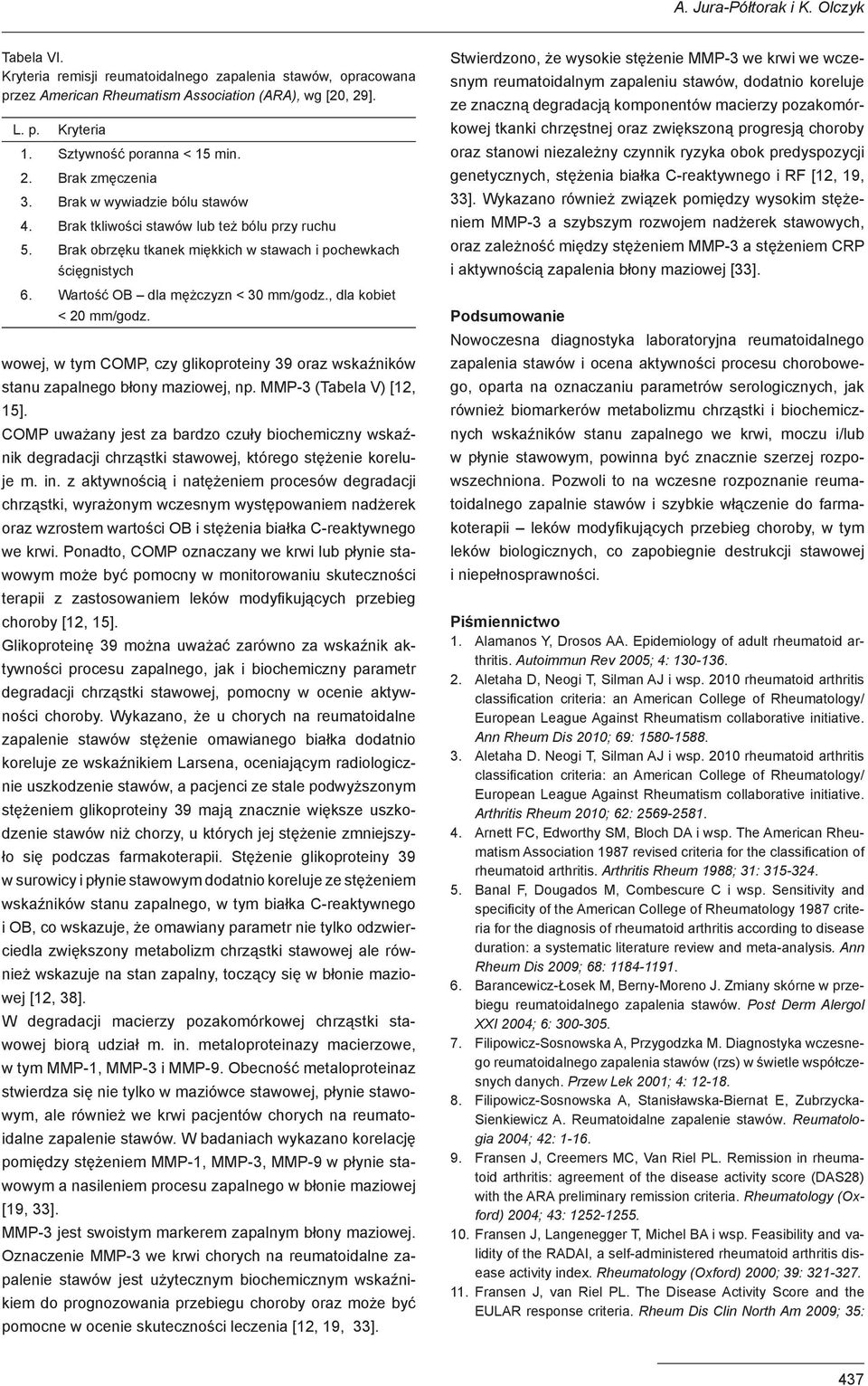 Wartość OB dla mężczyzn < 30 mm/godz., dla kobiet < 20 mm/godz. wowej, w tym COMP, czy glikoproteiny 39 oraz wskaźników stanu zapalnego błony maziowej, np. MMP-3 (Tabela V) [12, 15].