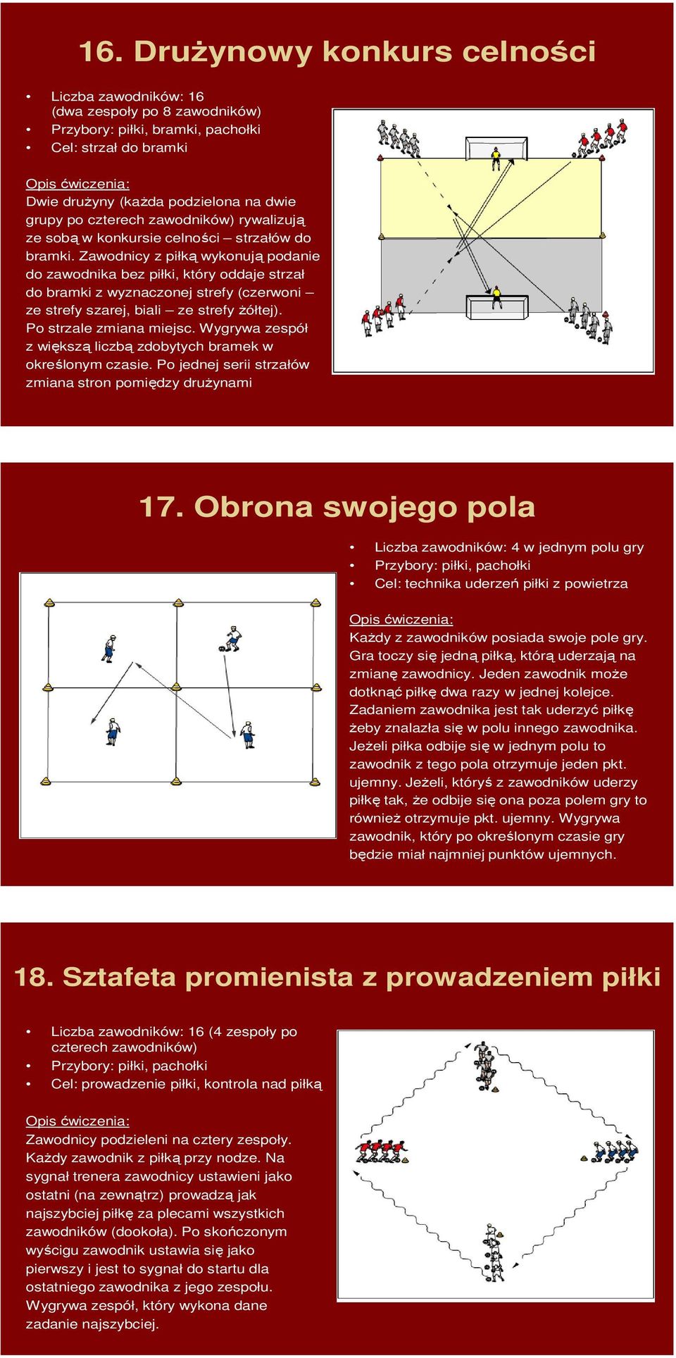 Zawodnicy z piłką wykonują podanie do zawodnika bez piłki, który oddaje strzał do bramki z wyznaczonej strefy (czerwoni ze strefy szarej, biali ze strefy żółtej). Po strzale zmiana miejsc.