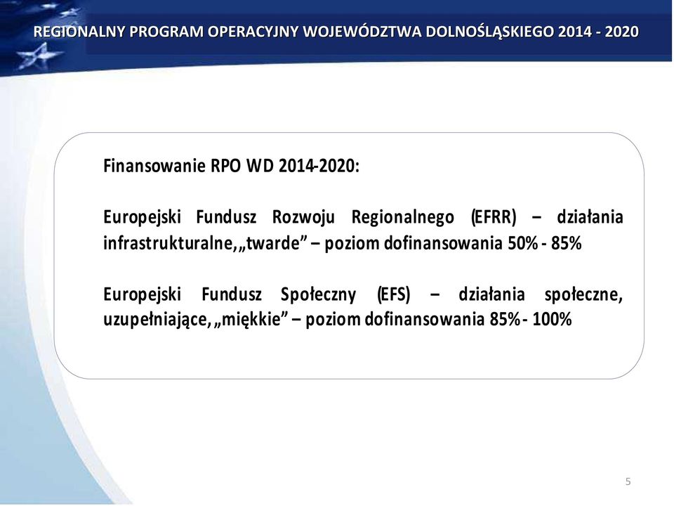 dofinansowania 50% - 85% Europejski Fundusz Społeczny (EFS)