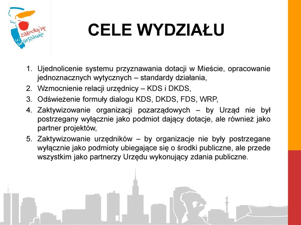 Zaktywizowanie organizacji pozarządowych by Urząd nie był postrzegany wyłącznie jako podmiot dający dotacje, ale również jako partner