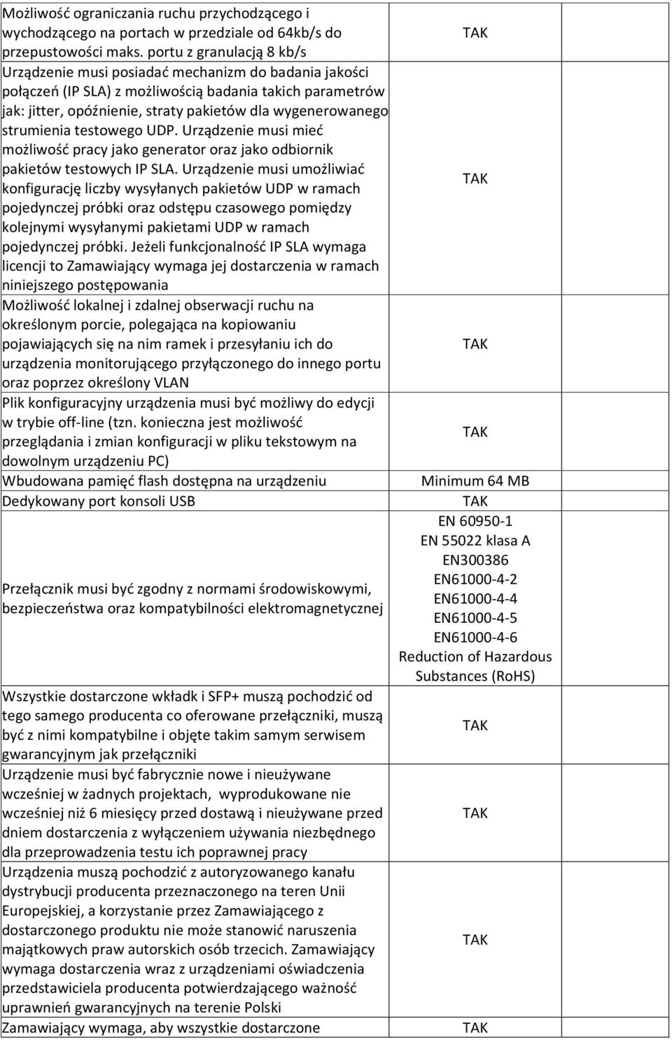 strumienia testowego UDP. Urządzenie musi mieć możliwość pracy jako generator oraz jako odbiornik pakietów testowych IP SLA.