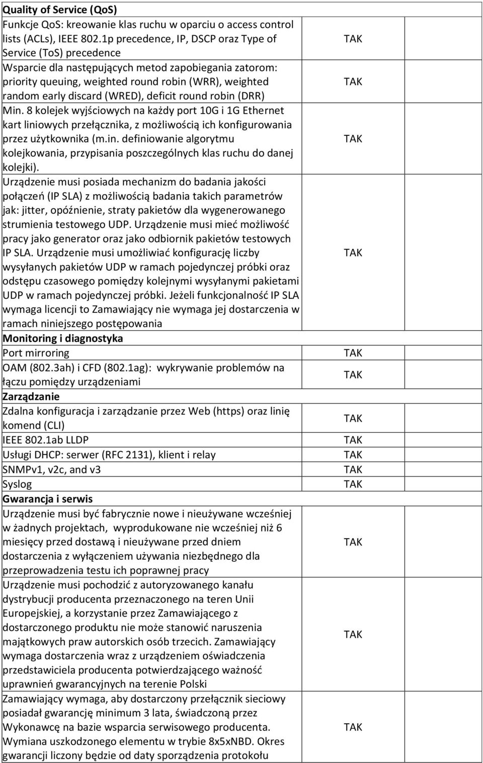 (WRED), deficit round robin (DRR) Min. 8 kolejek wyjściowych na każdy port 10G i 1G Ethernet kart liniowych przełącznika, z możliwością ich konfigurowania przez użytkownika (m.in. definiowanie algorytmu kolejkowania, przypisania poszczególnych klas ruchu do danej kolejki).