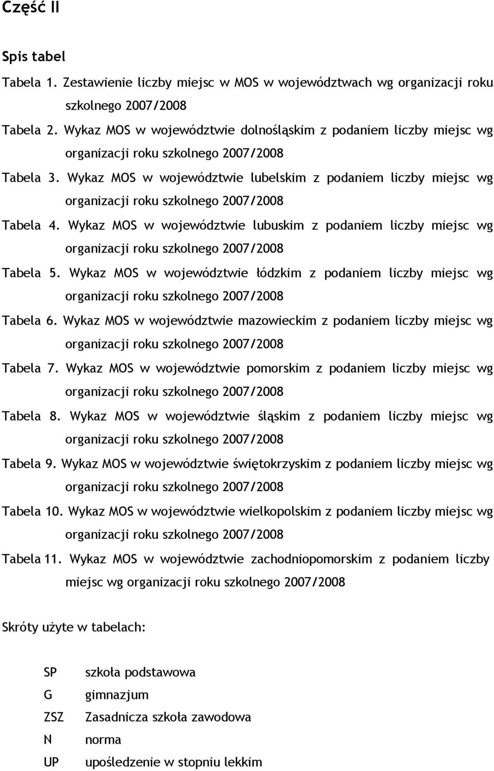 Wykaz MOS w województwie lubelskim z podaniem liczby miejsc wg organizacji roku szkolnego 2007/2008 Tabela 4.