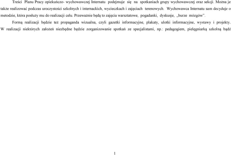 Wychowawca Internatu sam decyduje o metodzie, która posłuży mu do realizacji celu. Przeważnie będą to zajęcia warsztatowe, pogadanki, dyskusje, burze mózgów.