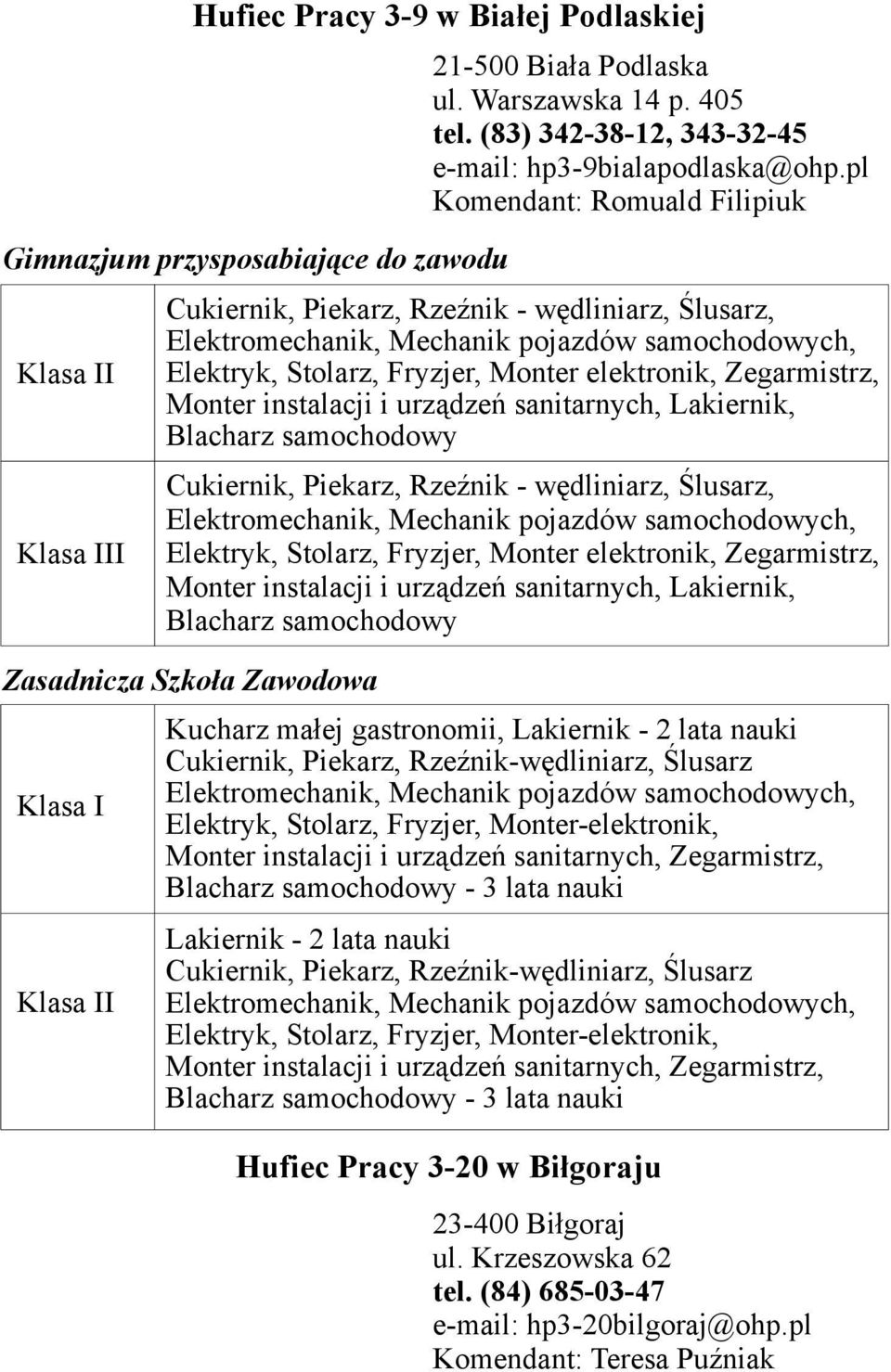 instalacji i urządzeń sanitarnych, Lakiernik, Blacharz samochodowy Cukiernik, Piekarz, Rzeźnik - wędliniarz, Ślusarz, Elektromechanik, Mechanik pojazdów samochodowych, Elektryk, Stolarz, Fryzjer,