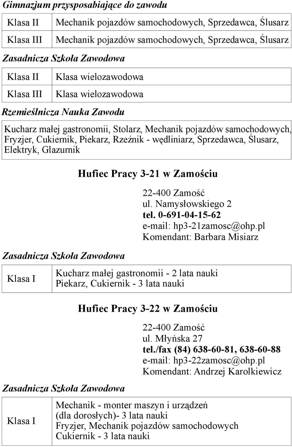 3-21 w Zamościu 22-400 Zamość ul. Namysłowskiego 2 tel. 0-691-04-15-62 e-mail: hp3-21zamosc@ohp.