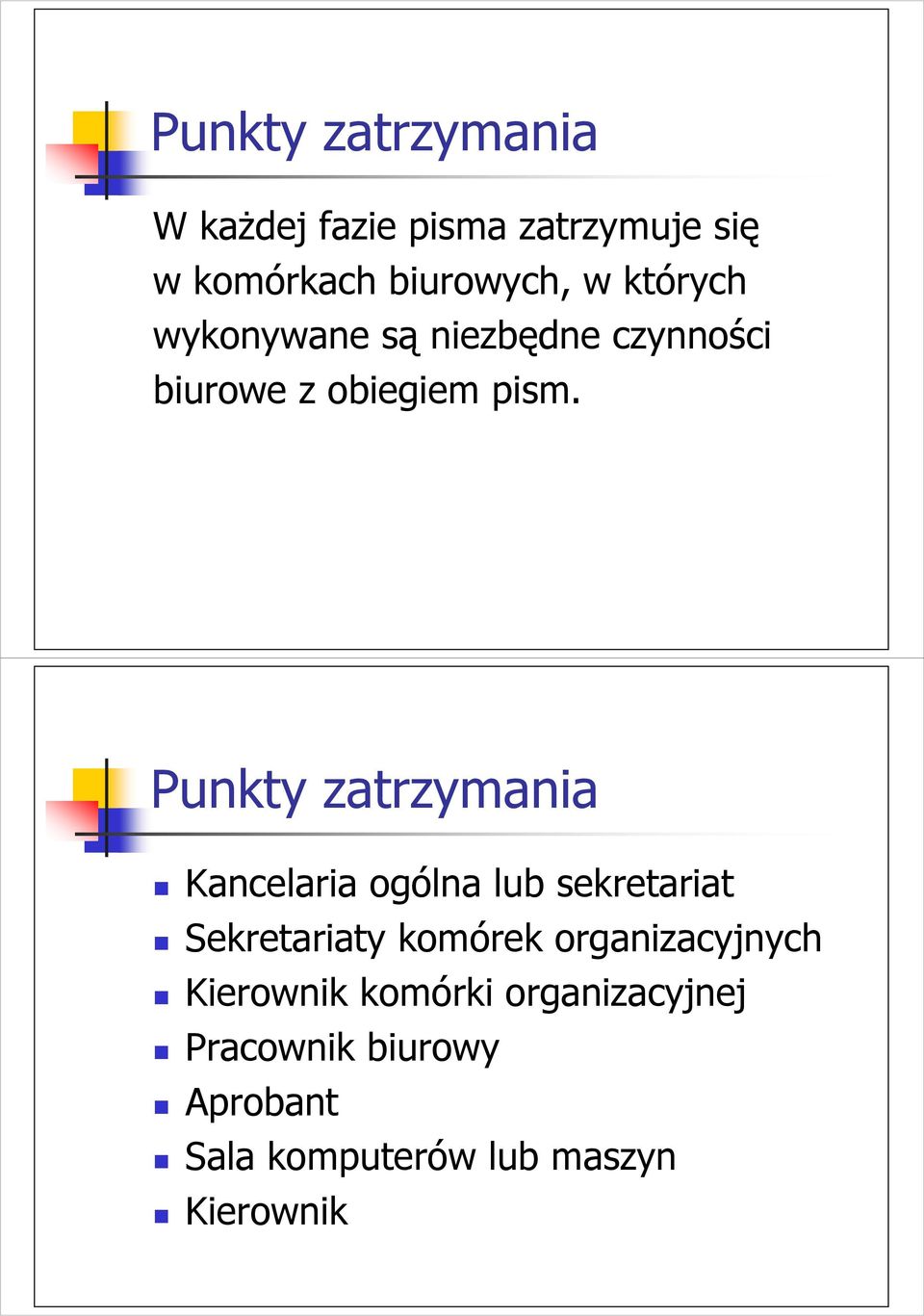 Punkty zatrzymania Kancelaria ogólna lub sekretariat Sekretariaty komórek