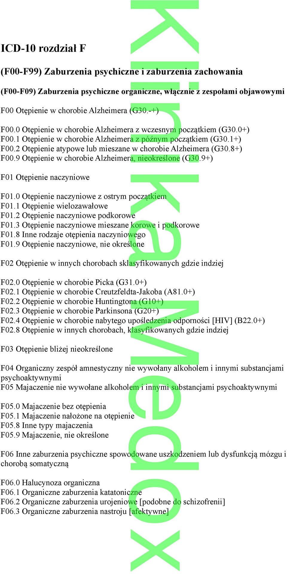 8+) F00.9 Otępienie w chorobie Alzheimera, nieokreślone (G30.9+) F01 Otępienie naczyniowe F01.0 Otępienie naczyniowe z ostrym początkiem F01.1 Otępienie wielozawałowe F01.