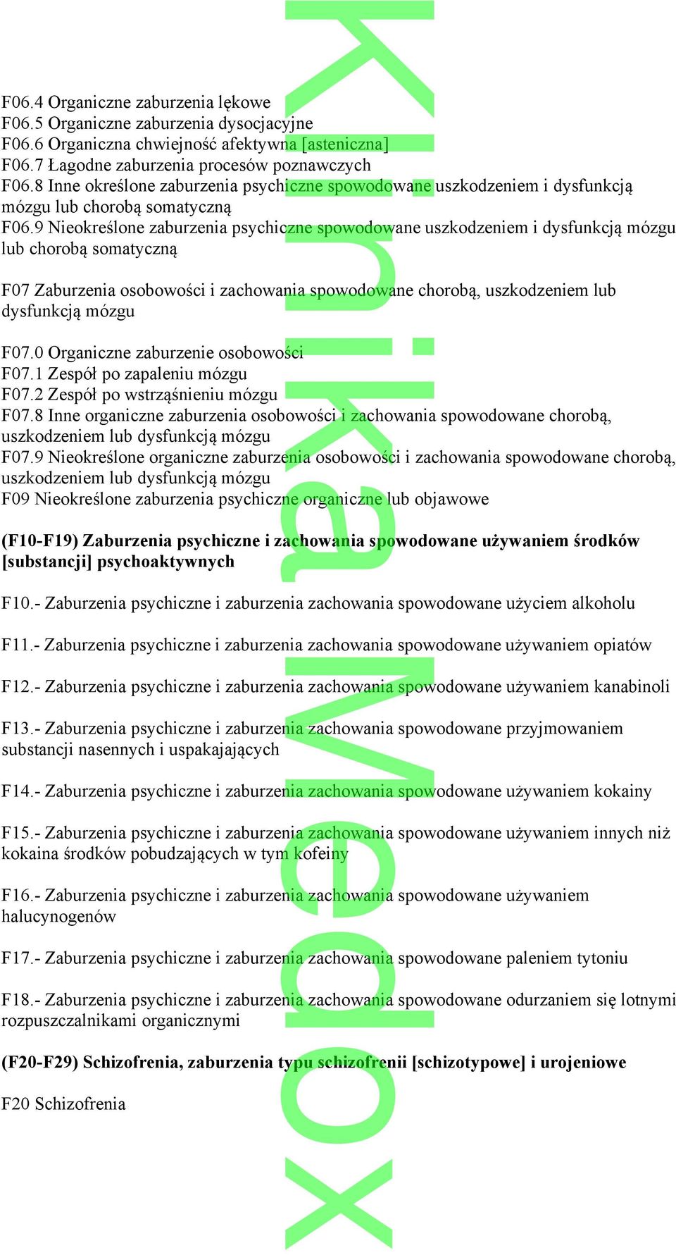 9 Nieokreślone zaburzenia psychiczne spowodowane uszkodzeniem i dysfunkcją mózgu lub chorobą somatyczną F07 Zaburzenia osobowości i zachowania spowodowane chorobą, uszkodzeniem lub dysfunkcją mózgu