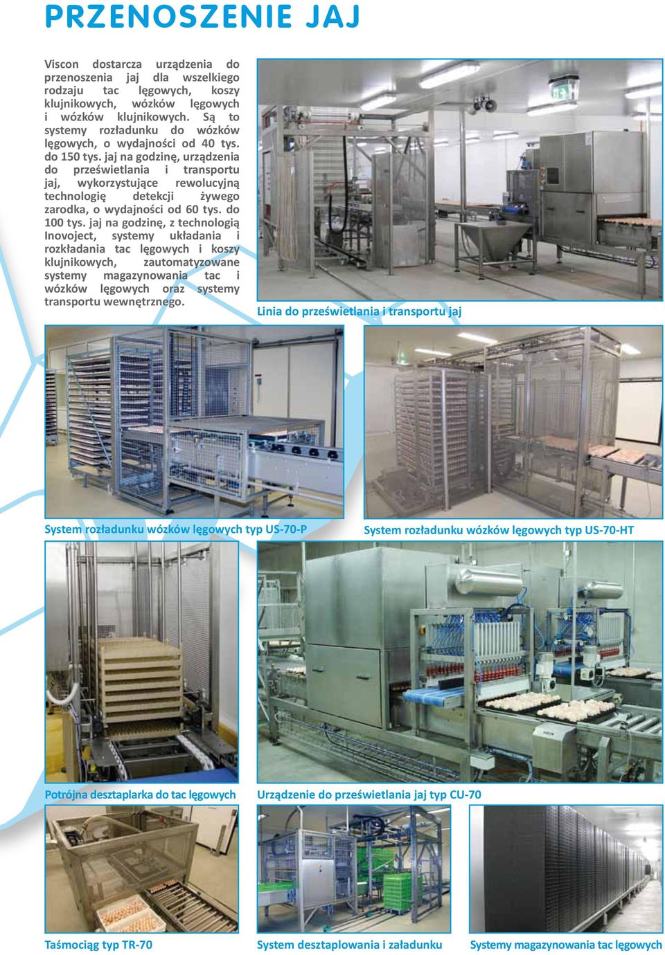 jaj na godzinę, urządzenia do prześwietlania i transportu jaj, wykorzystujące rewolucyjną technologię detekcji żywego zarodka, o wydajności od 60 tys. do 100 tys.