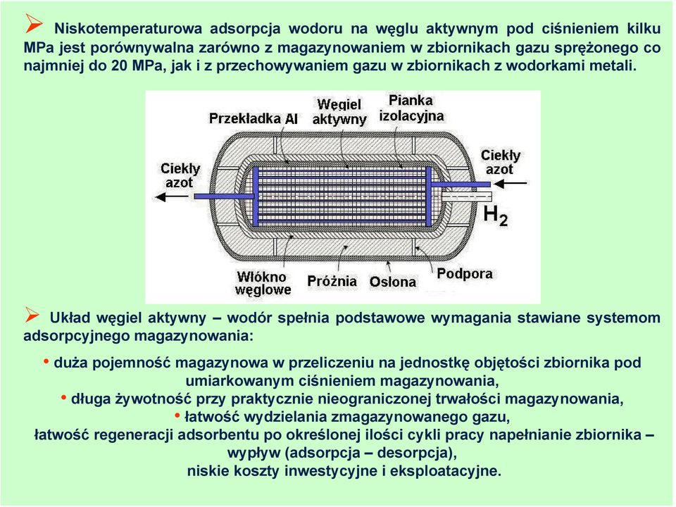 Układ węgiel aktywny wodór spełnia podstawowe wymagania stawiane systemom adsorpcyjnego magazynowania: duża pojemność magazynowa w przeliczeniu na jednostkę objętości zbiornika pod