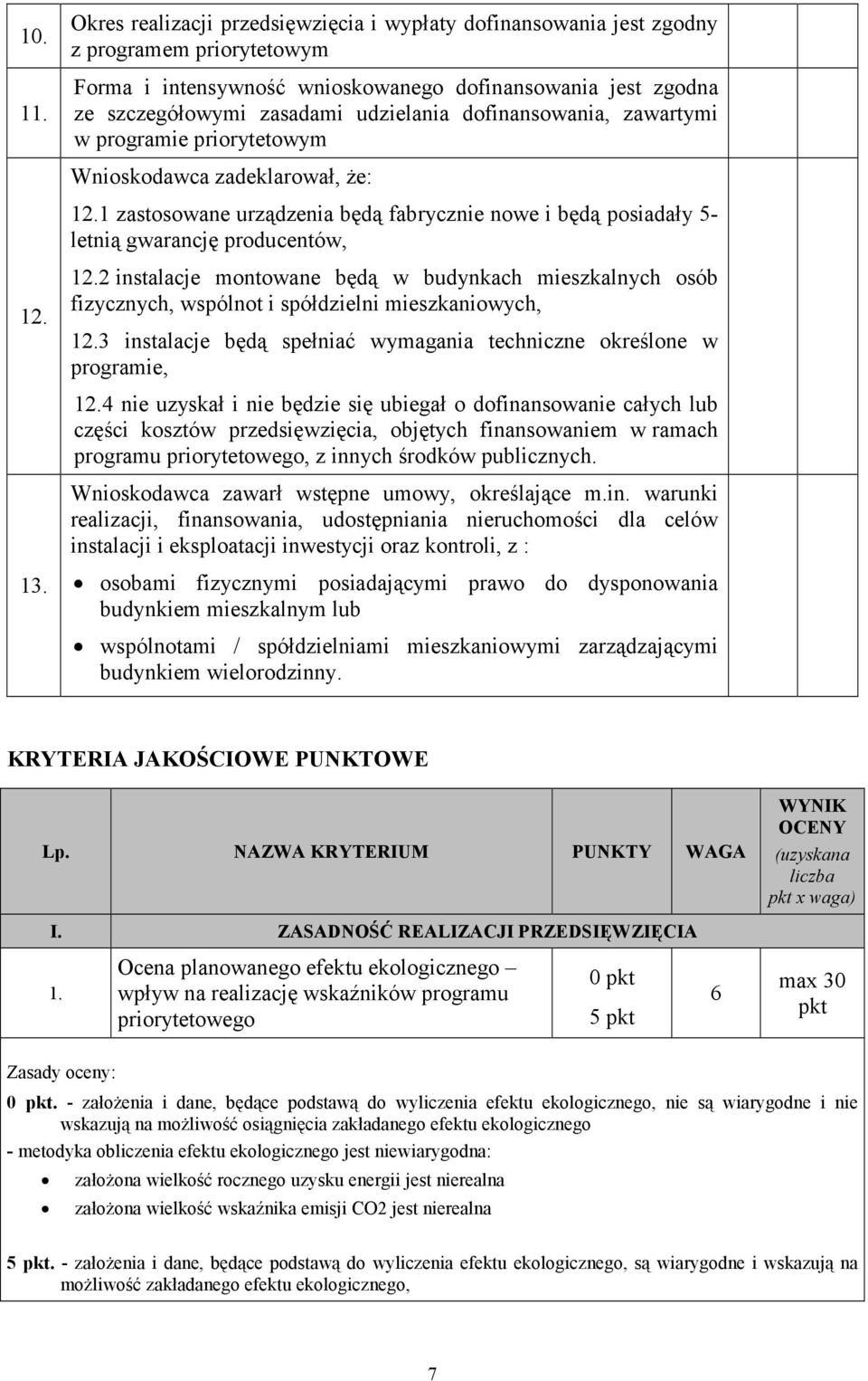 dofinansowania, zawartymi w programie priorytetowym Wnioskodawca zadeklarował, że: 12.1 zastosowane urządzenia będą fabrycznie nowe i będą posiadały 5- letnią gwarancję producentów, 12.