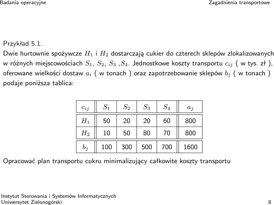 S 3,S 4. Jednostkowe koszty transportu c ij ( w tys.