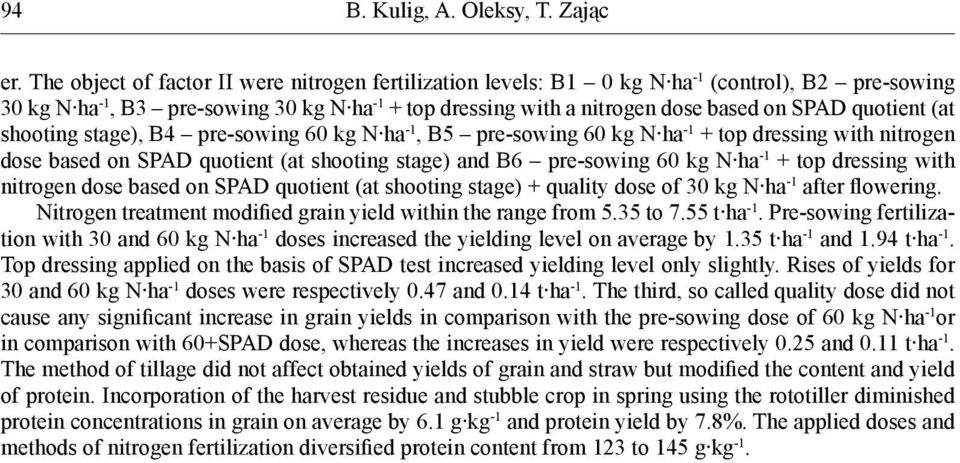 quotient (at shooting stage), B4 pre-sowing 60 kg N ha -1, B5 pre-sowing 60 kg N ha -1 + top dressing with nitrogen dose based on SPAD quotient (at shooting stage) and B6 pre-sowing 60 kg N ha -1 +