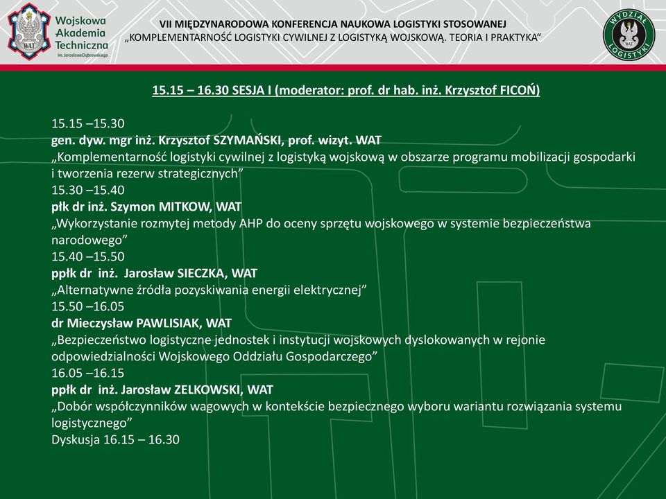 Szymon MITKOW, WAT Wykorzystanie rozmytej metody AHP do oceny sprzętu wojskowego w systemie bezpieczeństwa narodowego 15.40 15.50 ppłk dr inż.