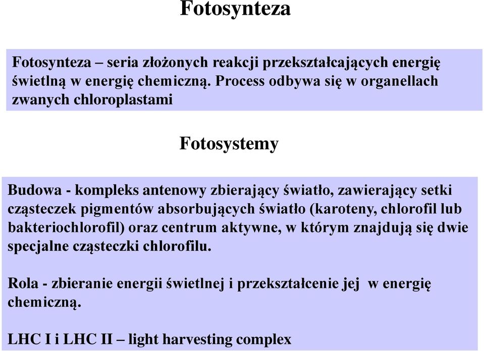 setki cząsteczek pigmentów absorbujących światło (karoteny, chlorofil lub bakteriochlorofil) oraz centrum aktywne, w którym