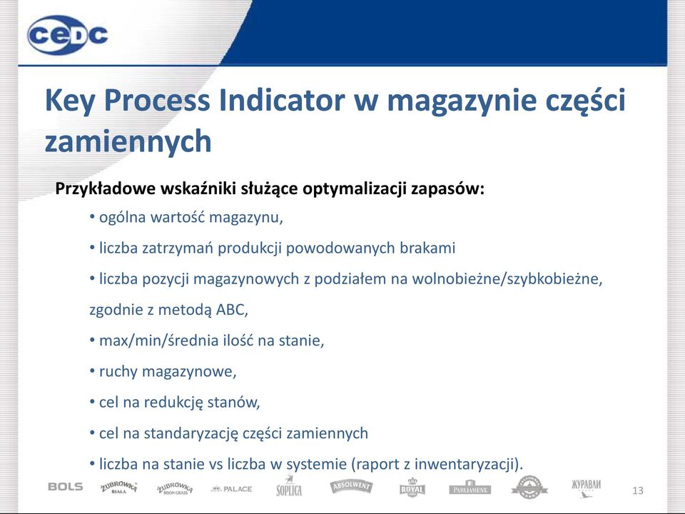 wolnobieżne/szybkobieżne, zgodnie z metodą ABC, max/min/średnia ilośd na stanie, ruchy magazynowe, cel na