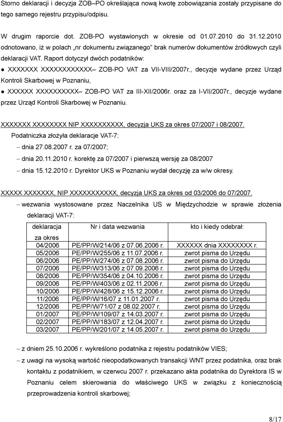 Raport dotyczył dwóch podatników: XXXXXXX XXXXXXXXXXXX ZOB-PO VAT za VII-VIII/2007r., decyzje wydane przez Urząd Kontroli Skarbowej w Poznaniu, XXXXXX XXXXXXXXXX ZOB-PO VAT za III-XII/2006r.