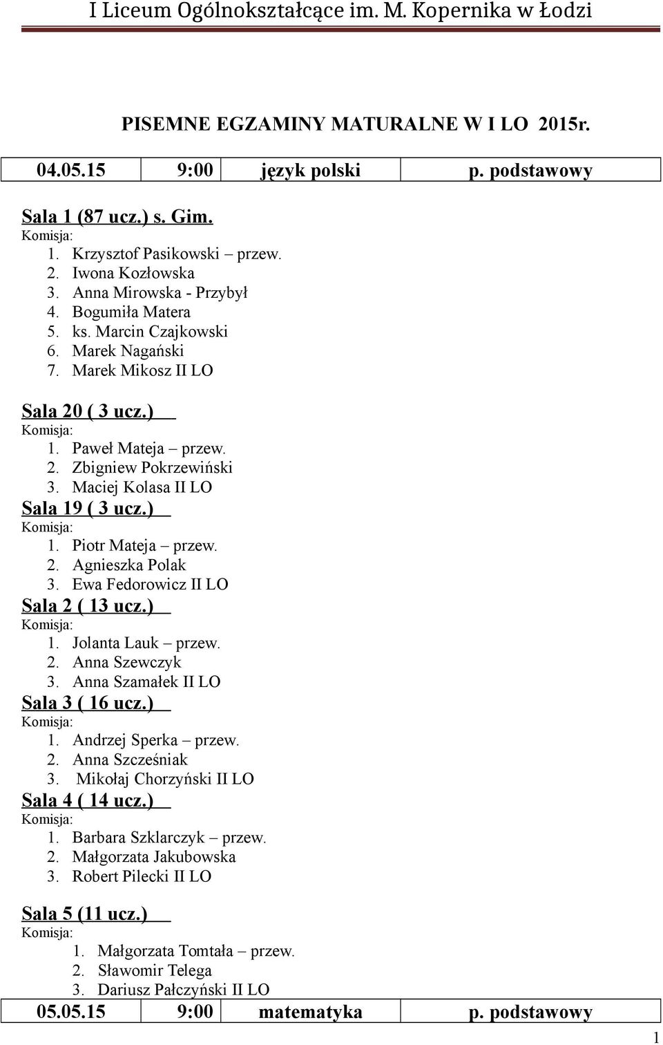 Ewa Fedorowicz II LO Sala 2 ( 13 ucz.) 1. Jolanta Lauk przew. 2. Anna Szewczyk 3. Anna Szamałek II LO Sala 3 ( 16 ucz.) 1. Andrzej Sperka przew. 3. Mikołaj Chorzyński II LO Sala 4 ( 14 ucz.) 1. Barbara Szklarczyk przew.