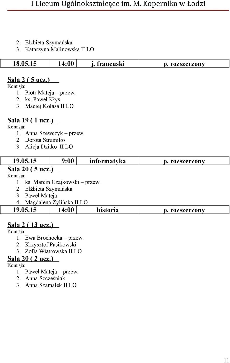 Marcin Czajkowski przew. 2. Elżbieta Szymańska 3. Paweł Mateja 4. Magdalena Żylińska II LO 19.05.15 14:00 historia p.