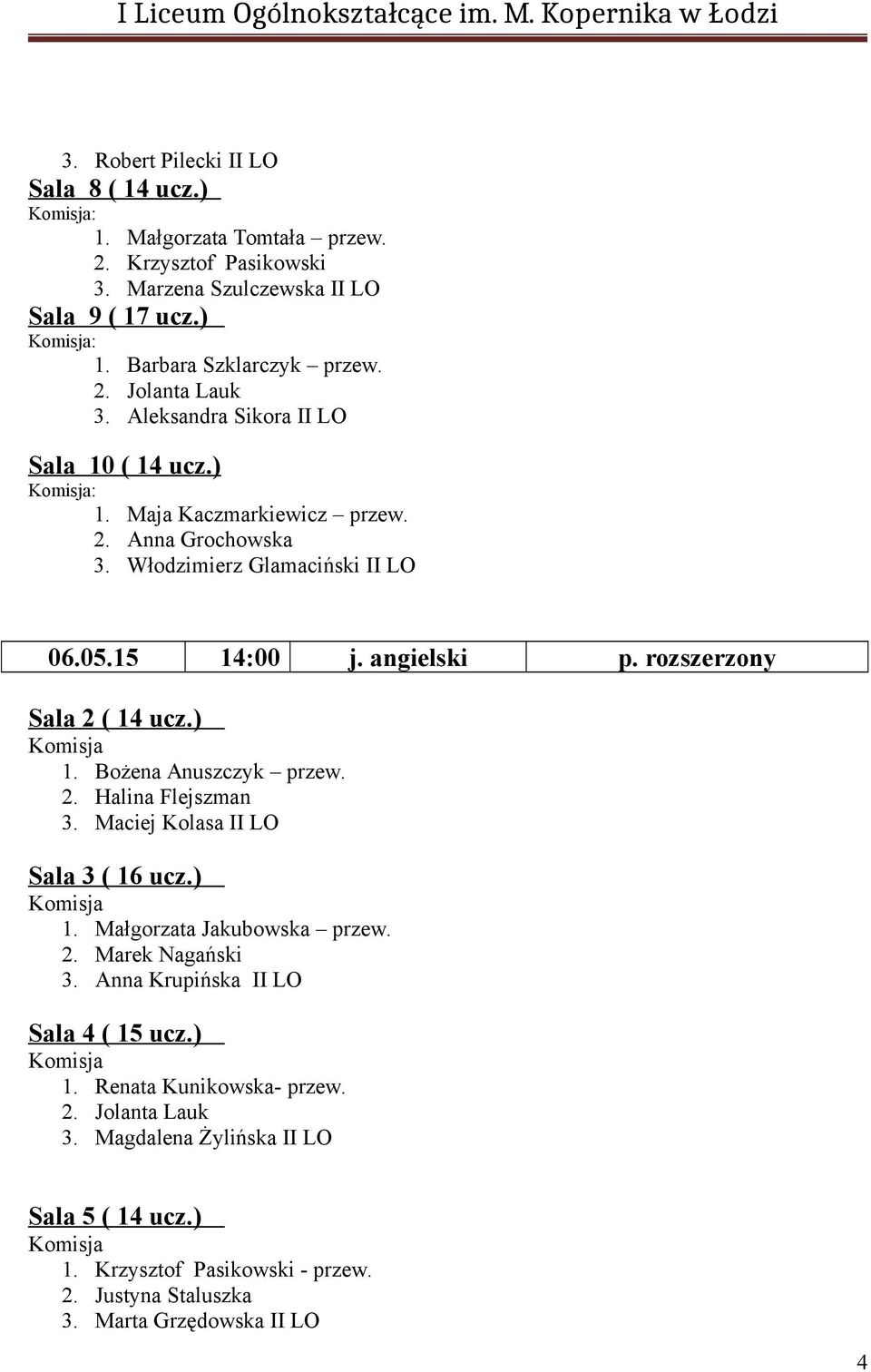 rozszerzony Sala 2 ( 14 ucz.) 1. Bożena Anuszczyk przew. 2. Halina Flejszman Sala 3 ( 16 ucz.) 1. Małgorzata Jakubowska przew. 2. Marek Nagański 3.