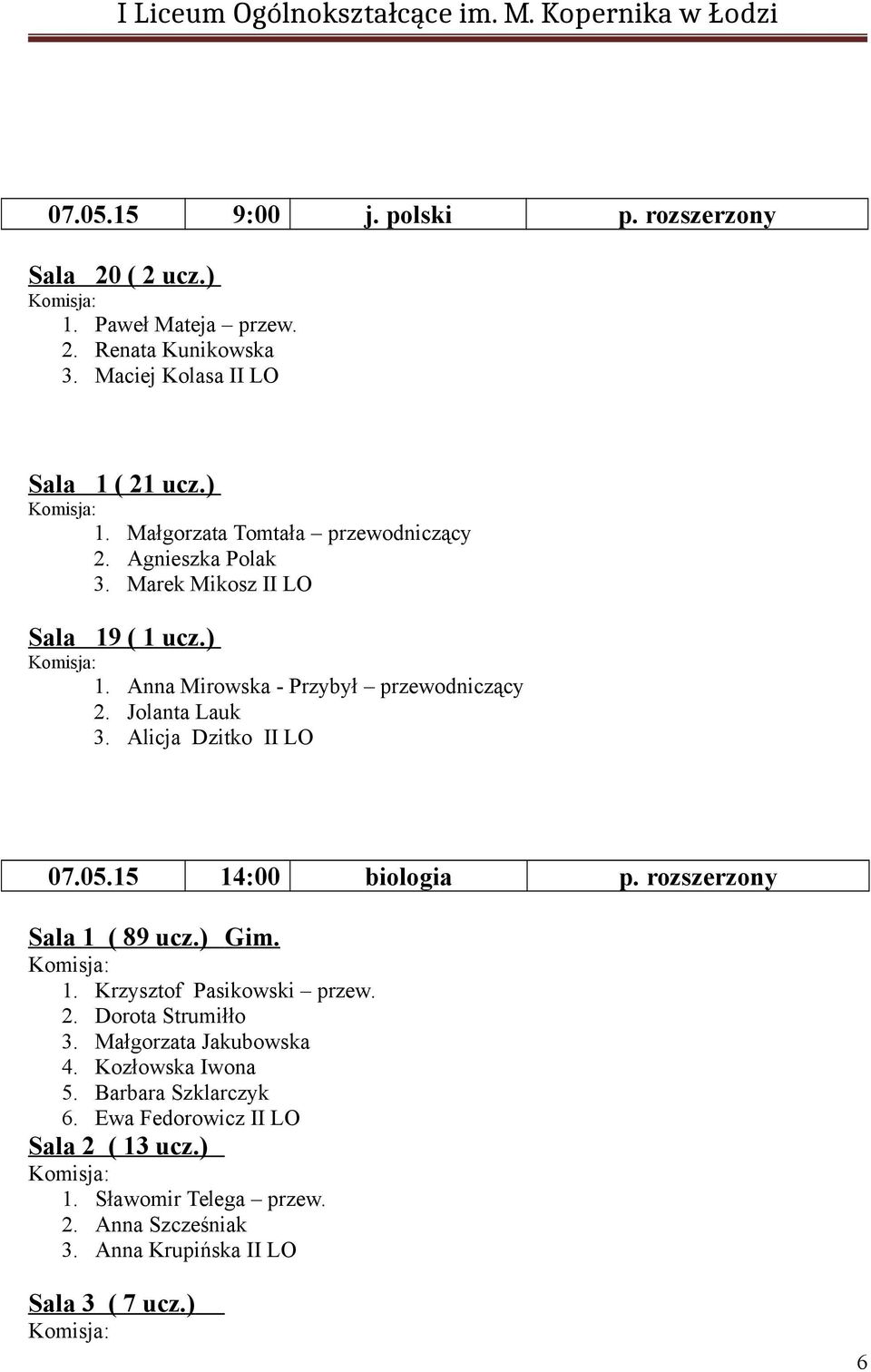 15 14:00 biologia p. rozszerzony Sala 1 ( 89 ucz.) Gim. 1. Krzysztof Pasikowski przew. 2. Dorota Strumiłło 3. Małgorzata Jakubowska 4.