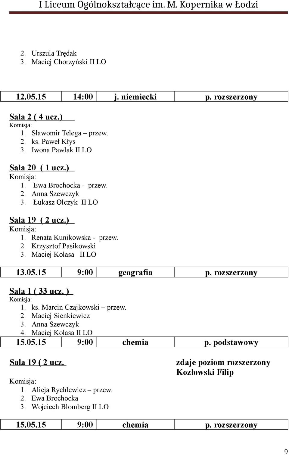 05.15 9:00 geografia p. rozszerzony Sala 1 ( 33 ucz. ) 1. ks. Marcin Czajkowski przew. 2. Maciej Sienkiewicz 3. Anna Szewczyk 4. Maciej Kolasa II LO 15.05.15 9:00 chemia p.