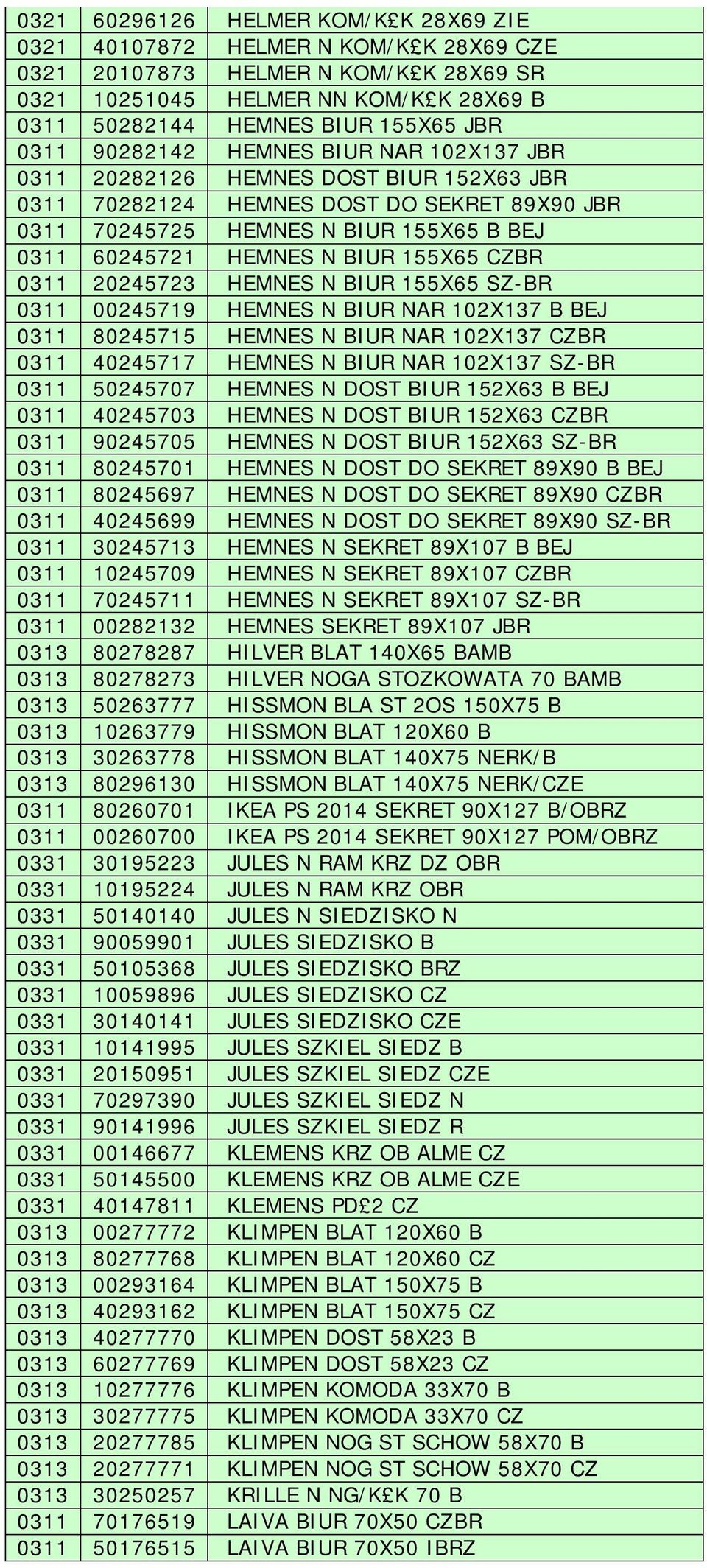 155X65 CZBR 0311 20245723 HEMNES N BIUR 155X65 SZ-BR 0311 00245719 HEMNES N BIUR NAR 102X137 B BEJ 0311 80245715 HEMNES N BIUR NAR 102X137 CZBR 0311 40245717 HEMNES N BIUR NAR 102X137 SZ-BR 0311