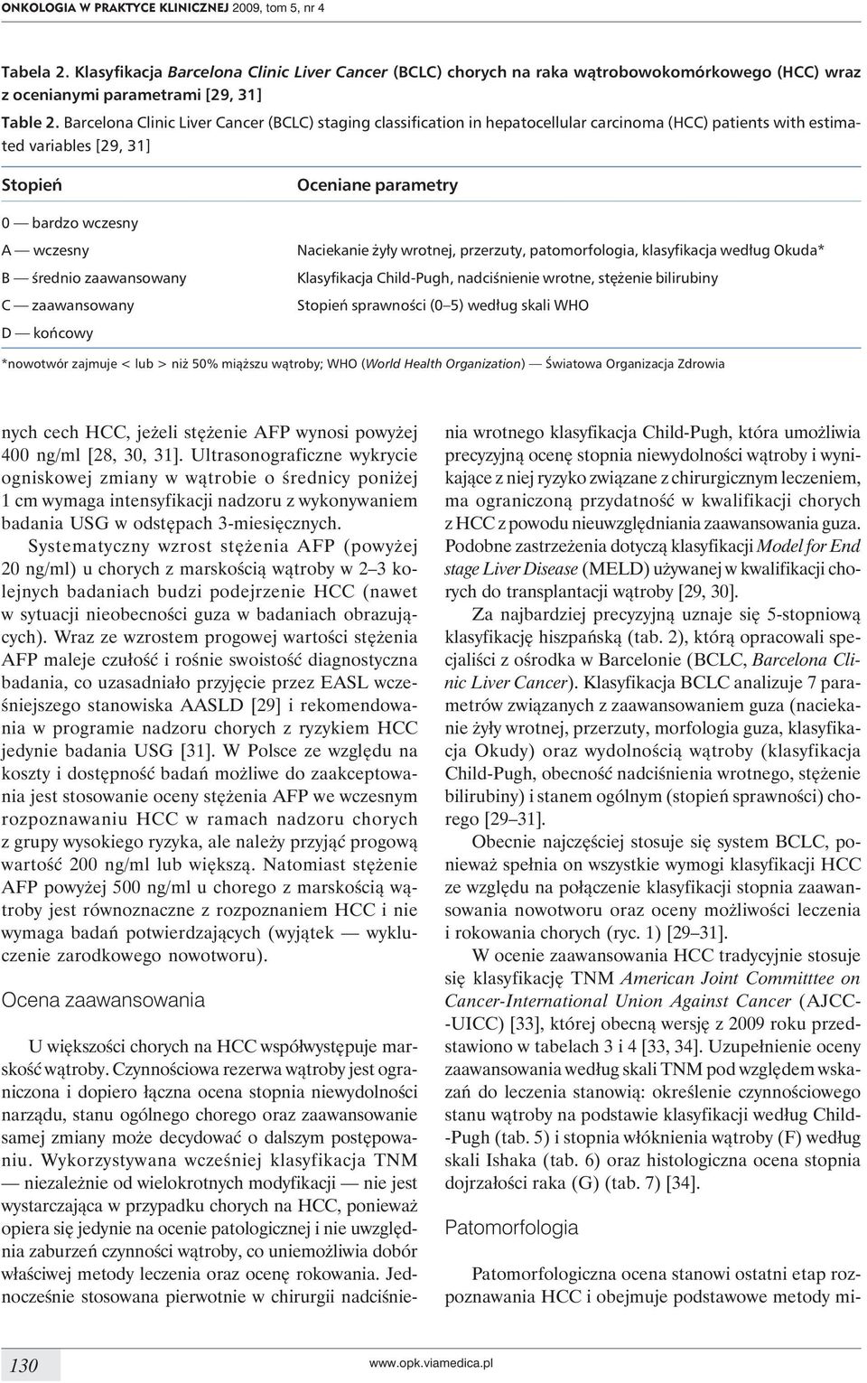 średnio zaawansowany C zaawansowany Naciekanie żyły wrotnej, przerzuty, patomorfologia, klasyfikacja według Okuda* Klasyfikacja Child-Pugh, nadciśnienie wrotne, stężenie bilirubiny Stopień sprawności