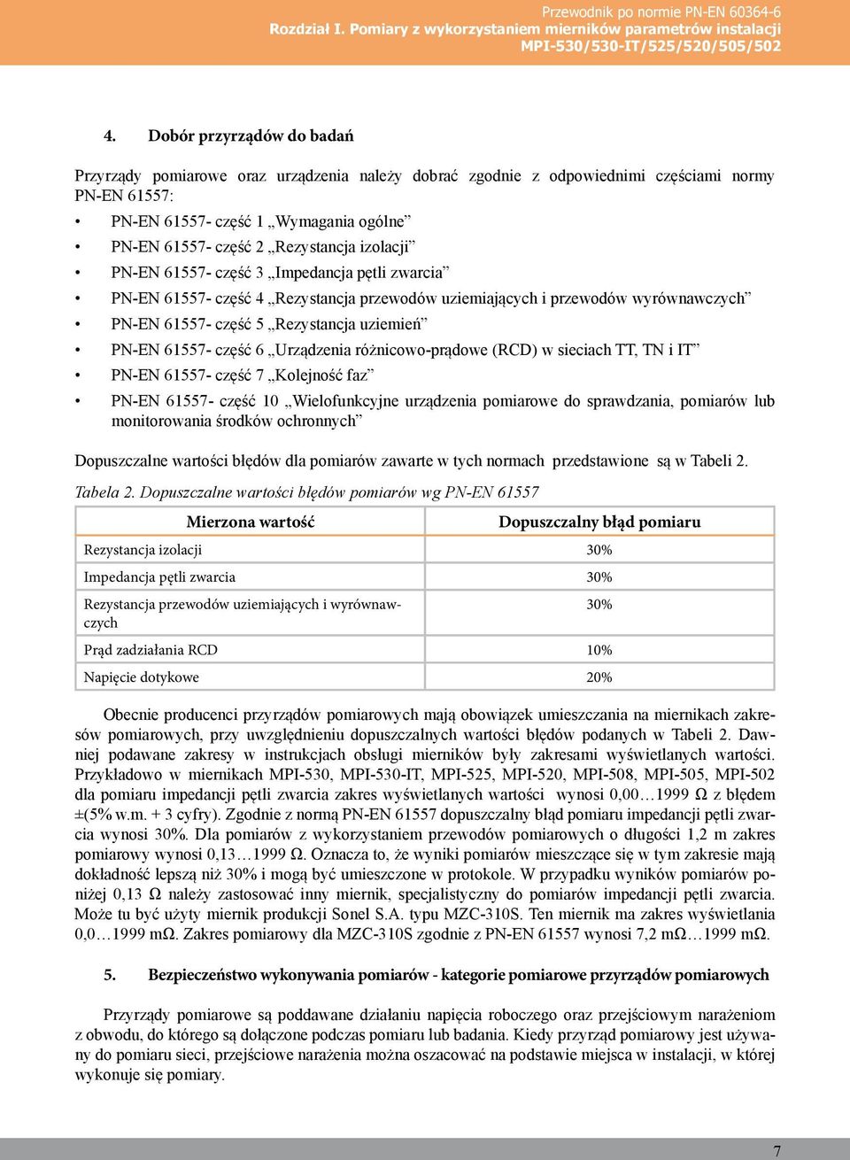 izolacji PN-EN 61557- część 3 Impedancja pętli zwarcia PN-EN 61557- część 4 Rezystancja przewodów uziemiających i przewodów wyrównawczych PN-EN 61557- część 5 Rezystancja uziemień PN-EN 61557- część