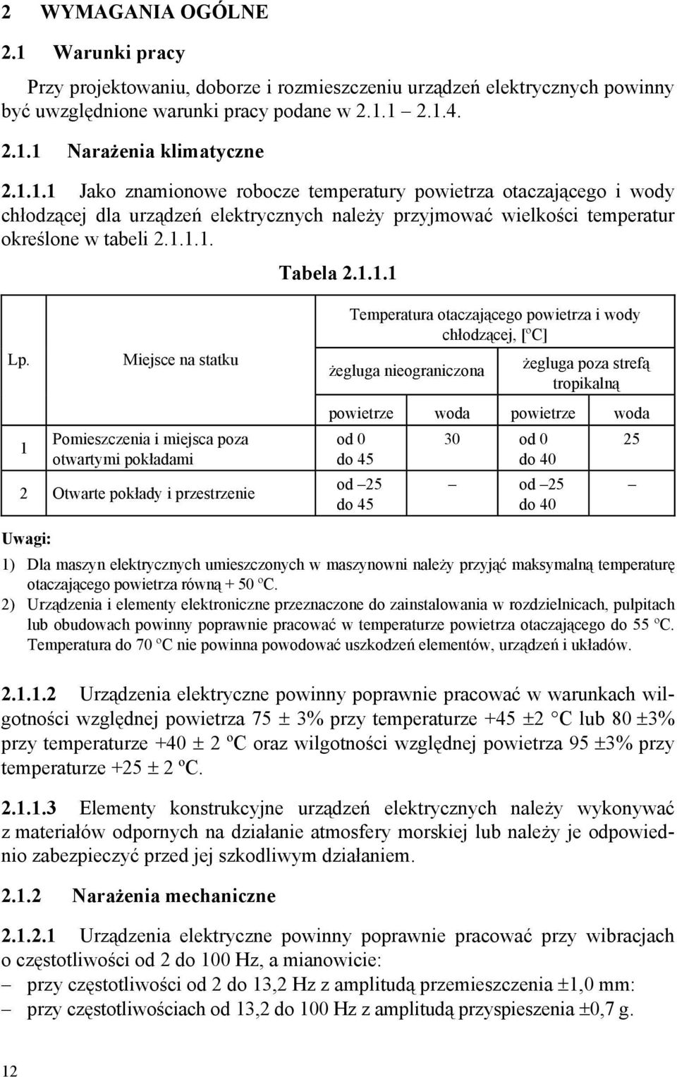 1 Miejsce na statku Pomieszczenia i miejsca poza otwartymi pokładami 2 Otwarte pokłady i przestrzenie Temperatura otaczającego powietrza i wody chłodzącej, [ºC] żegluga nieograniczona żegluga poza