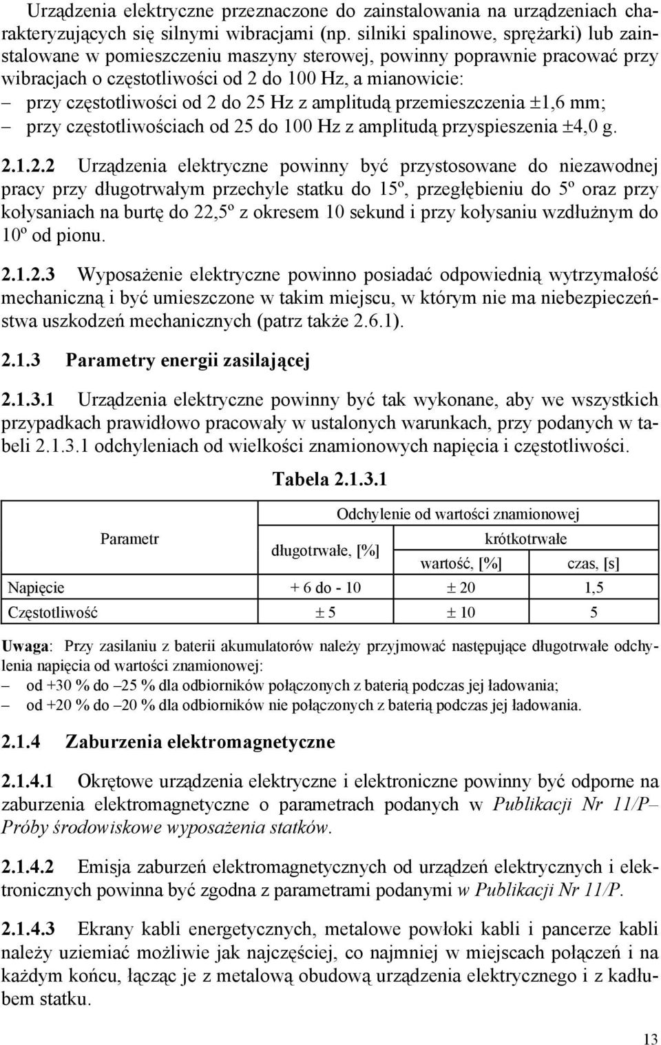 25 Hz z amplitudą przemieszczenia H1,6 mm; przy częstotliwościach od 25 do 100 Hz z amplitudą przyspieszenia H4,0 g. 2.1.2.2 Urządzenia elektryczne powinny być przystosowane do niezawodnej pracy przy