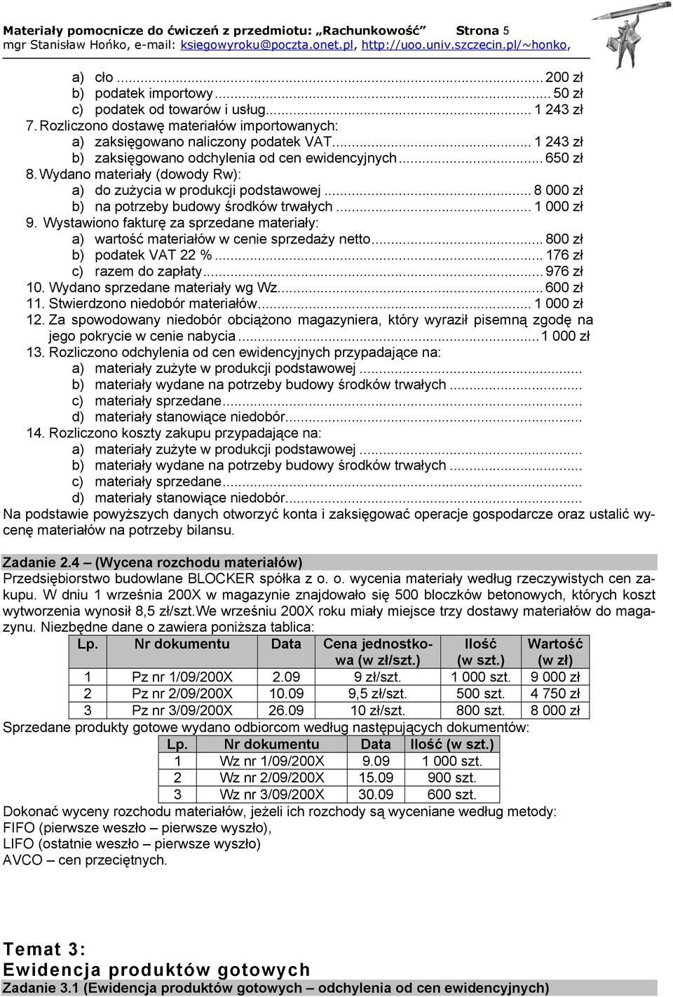 Wydano materiały (dowody Rw): a) do zużycia w produkcji podstawowej... 8 000 zł b) na potrzeby budowy środków trwałych... 1 000 zł 9.