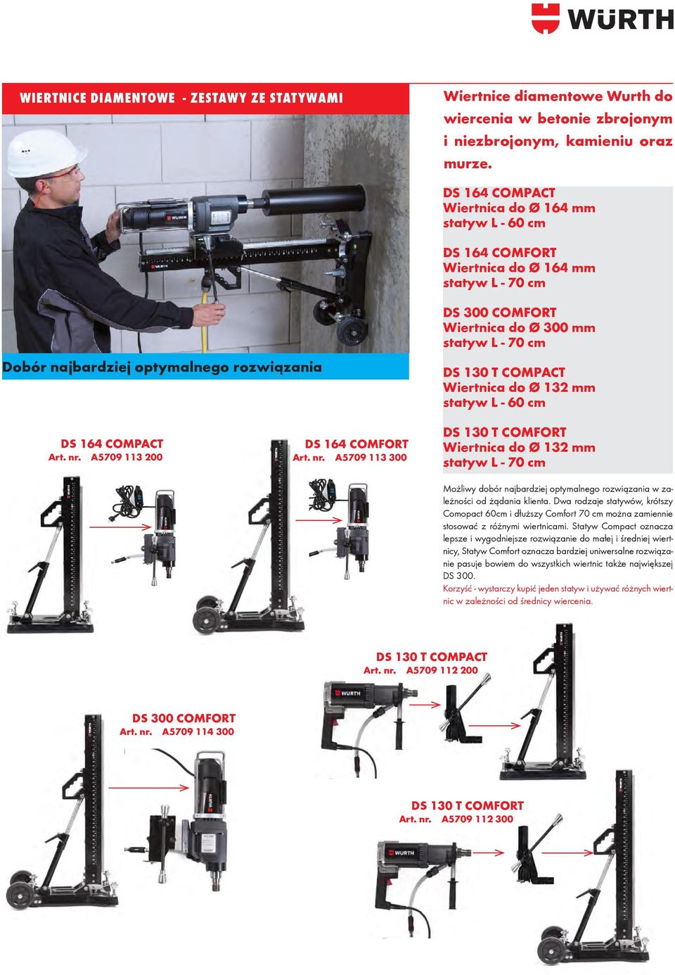 mm statyw L - 60 cm DS 164 COMPACT Art. nr. A5709 113 200 DS 164 COMFORT Art. nr. A5709 113 300 DS 130 T COMFORT Wiertnica do Ø 132 mm Możliwy dobór najbardziej optymalnego rozwiązania w zależności od żądania klienta.